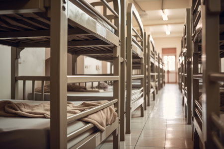 Interior of a modern dormitory storage room with bunk beds. generative aiの素材