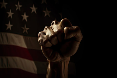 American flag with clenched fist, strength and power concept. Selective focus. generative aiの素材