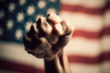 Close-up of clenched fist against american flag in grunge effect generative aiの素材