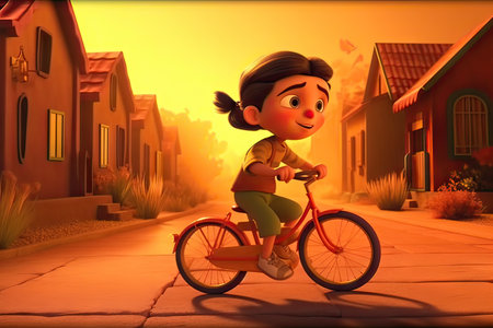 Little girl riding a bike in the village.3d illustration. generative aiの素材