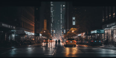 Night scene of the streets of New York City, USA. 3D rendering generative aiの素材