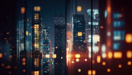 Modern cityscape at night with neon lights. 3D Rendering generative aiの素材