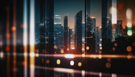Double exposure of modern skyscrapers and night city lights. Business concept generative aiの素材