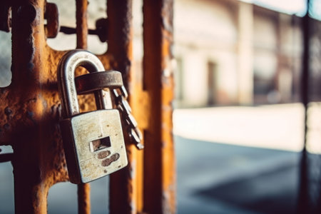 Old rusty padlock on the door of a building. Selective focus. generative aiの素材