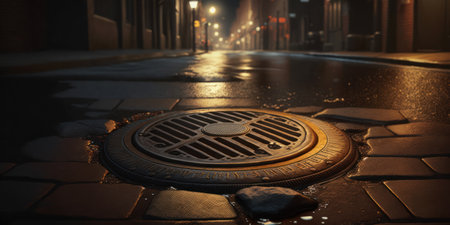 Manhole cover in a city street at night. 3d render generative aiの素材