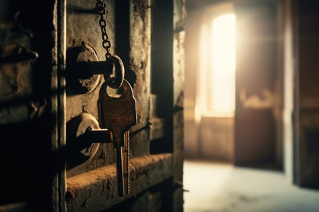 Old rusty padlock with keys in an abandoned prison. Selective focus. generative aiの素材