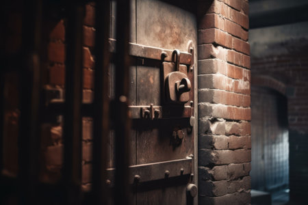 Old wooden door in an abandoned factory. Shallow depth of field. Toned. generative aiの素材