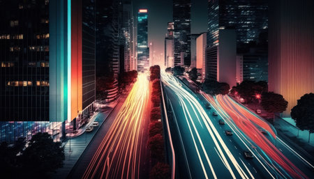night traffic in the city, light trails on the street and urban landscape generative aiの素材