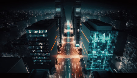 Night cityscape with high skyscrapers and high-rise buildings generative aiの素材