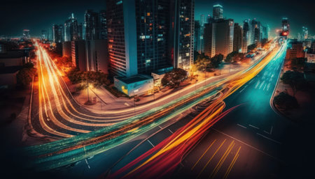 Highway in the city at night with cars light trails on the street. generative aiの素材