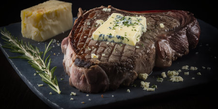Grilled beef steak with butter and rosemary on a black background generative aiの素材