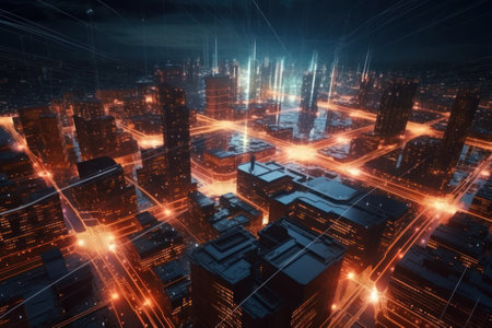 3D rendering of abstract technology digital hi-tech city concept. generative aiの素材