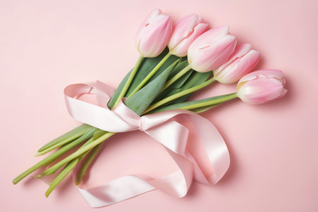Bouquet of pink tulips with a pink ribbon on a pink background generative aiの素材