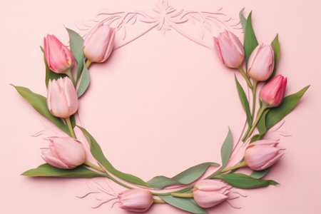Frame of pink tulips on pink background. Flat lay, top view generative aiの素材