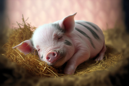 Newborn piglet in a straw nest on a dark background. generative aiの素材