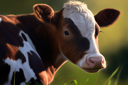 Portrait of a young cow in a meadow on a sunny day generative aiの素材