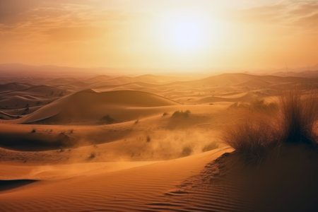 Sand dunes in the Sahara desert, Morocco, Africa. Sunset generative aiの素材