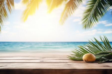 Wooden table with palm leaf and lemon on tropical beach background. Summer vacation concept generative ai illustrationの素材
