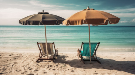 Beach umbrella and chair on beautiful tropical beach - Vintage filter effect generative ai ilustrationの素材