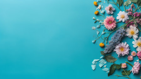 Beautiful flowers on blue background. Flat lay, top view. generative ai illustrationの素材