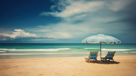 Beach chairs and umbrella on a tropical beach - vintage filter effect generative ai illustrationの素材