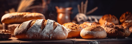 Variety of baked bread on a wooden table. Selective focus. generative aiの素材