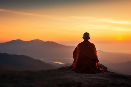 Buddhist monk sitting on top of mountain and looking at sunrise generative aiの素材