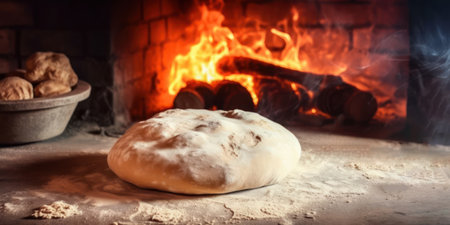 Traditional bread in front of a burning fireplace. Selective focus. generative aiの素材