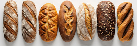 Different types of bread on a white background. Top view, flat lay generative aiの素材