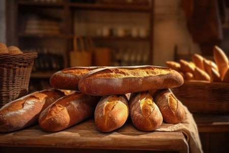 Freshly baked bread on counter in bakery shop, closeup view generative aiの素材