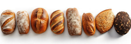Different types of bread isolated on a white background. Top view. generative aiの素材