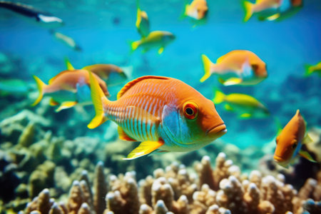 vibrant underwater scene in great barrier reef, vibrant marine life, generative AI illustrationの素材