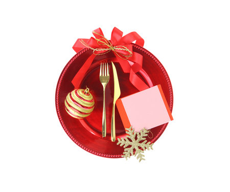 Christmas invitation template. Empty paper note in a red plate isolated on whiteの写真素材
