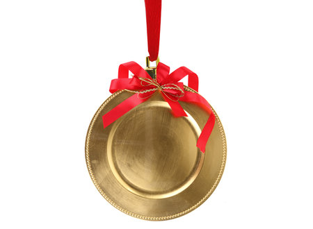 Christmas Greeting card template. Empty gold plate and red ribbon isolated on whiteの写真素材