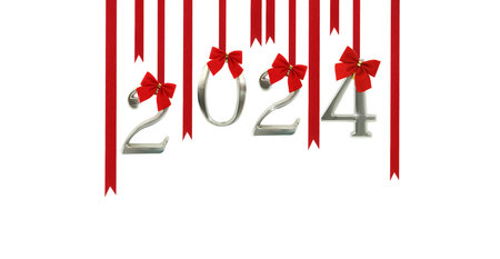 2024 New Year number hanging wirh red ribbons isolated on white background,の写真素材