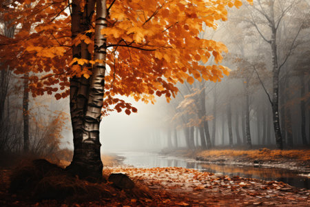 Serene autumnal landscape with vibrant foliage in the countrysideの素材