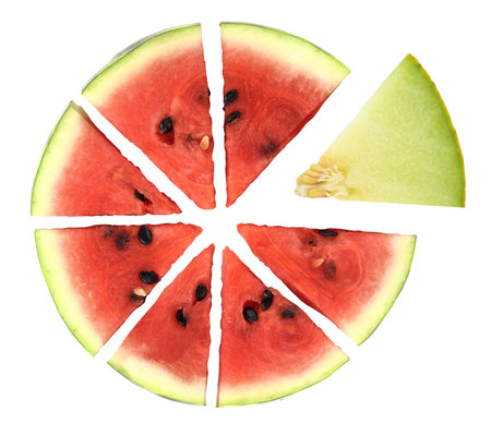 Watermelon cut in slices and melon isolated on white top view,の写真素材
