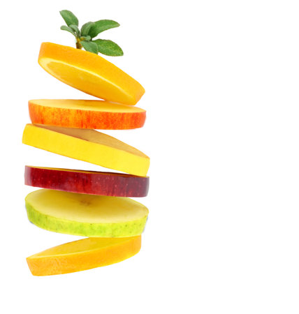 Healthy food, Fresh fruits slices stack isolated on white transparent backgroundの写真素材