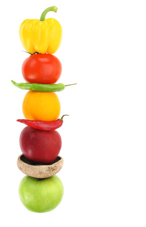 Healthy food, Fresh fruits and vegetables stack isolated on white transparent backgroundの写真素材