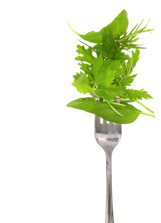 Various fresh herbs leaves on fork isolated on white transparent background,の写真素材