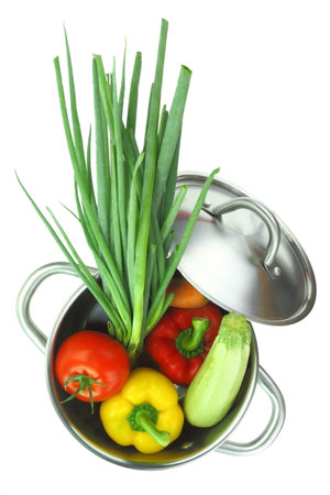 Fresh vegetables into a cooking pot isolated on white transparent backgroundの写真素材