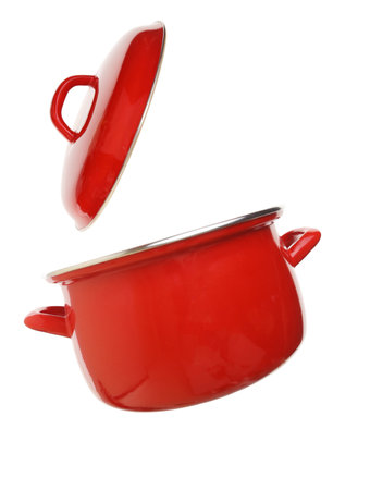 Red cooking pot flying isolated on white transparent backgroundの写真素材