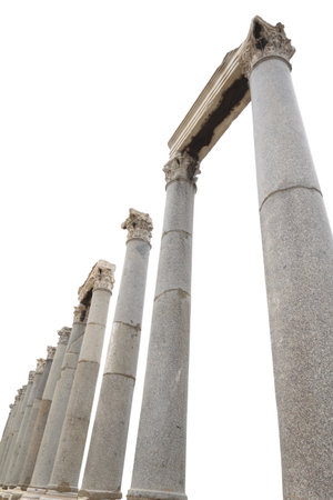 Ancient greek temple pillars. Marble columns isolated on white transparent background, high angleの写真素材