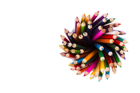 Set of color pencils in office bins on whiteの写真素材