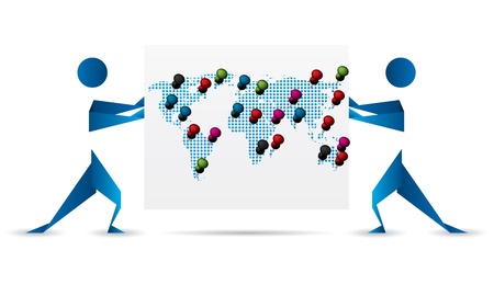 Silhouettes pushing cardboard map with pushpinsのイラスト素材