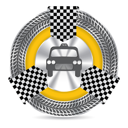 Metallic taxi badge design with tire tread circle and checkered ribbonのイラスト素材