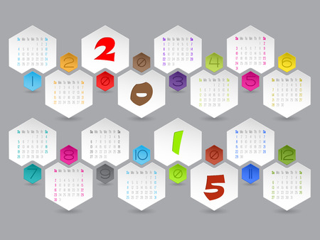 Abstract hexagon shaped 2015 calendar design with colorful elementsのイラスト素材