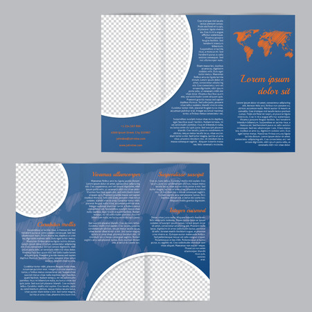 Tri-fold flyer brochure template design with scribbled world map and photo containerのイラスト素材