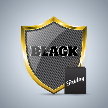 Black friday advertising background design with black shield badge and shopping bagのイラスト素材