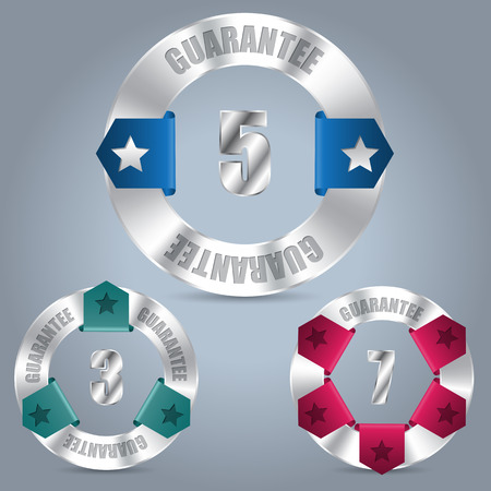 Metallic guarantee badge set of three with various color ribbonsのイラスト素材